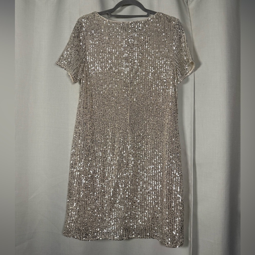 MSK Champagne Gold Sequin TShirt Shift Mini Dress Size Medium - Picture 4 of 8